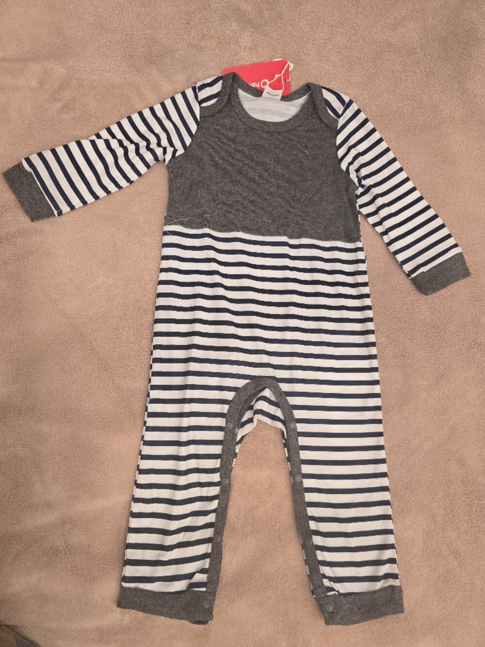 Gray and White Striped Long-Sleeve Baby Romper